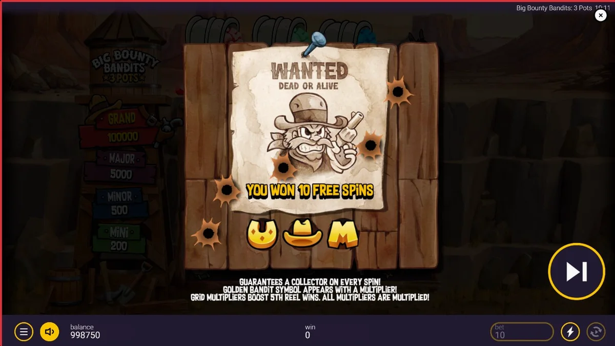 Big Bounty Bandits: 3 Pots slot game screen na may rubber-hose animation style