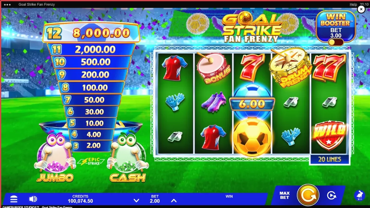 Ang interface ng Goal Strike Fan Frenzy slot na nagpapakita ng stadium theme at football symbols.