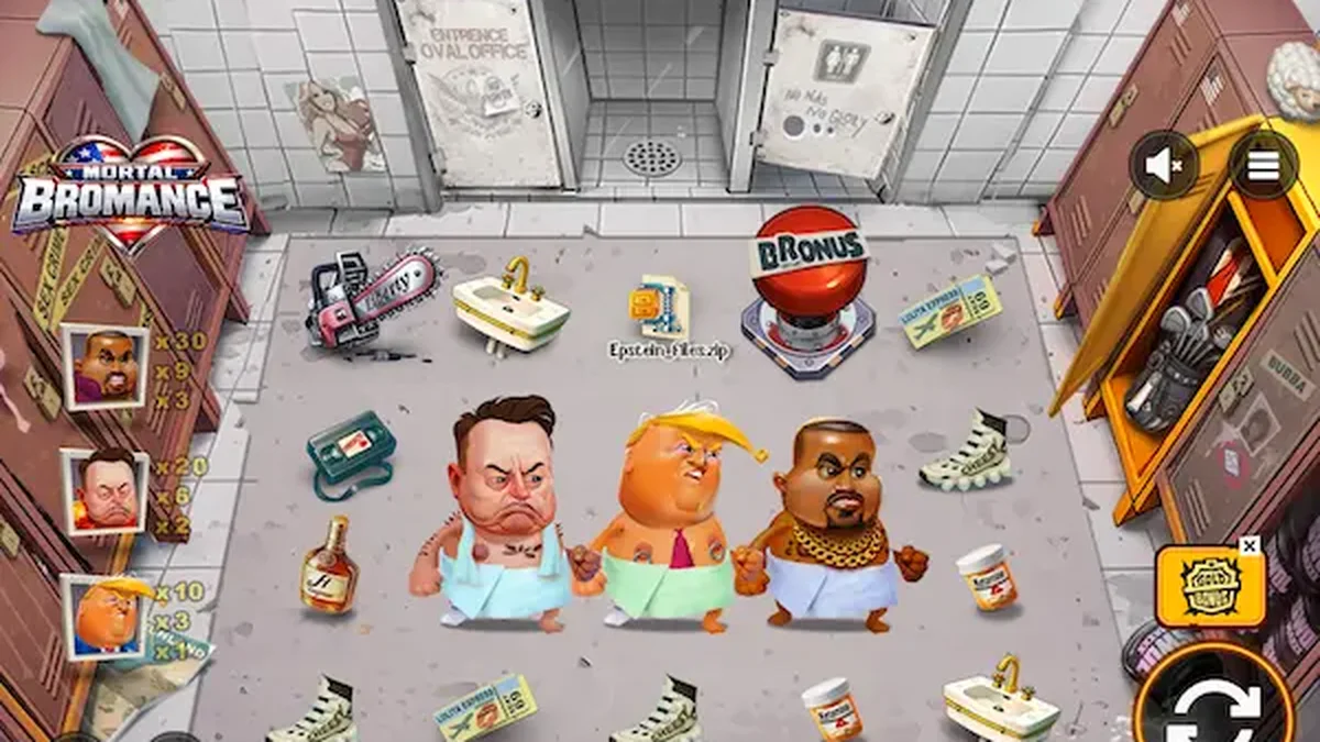 Mortal Bromance slot game interface na nagpapakita ng mga karakter at locker room theme